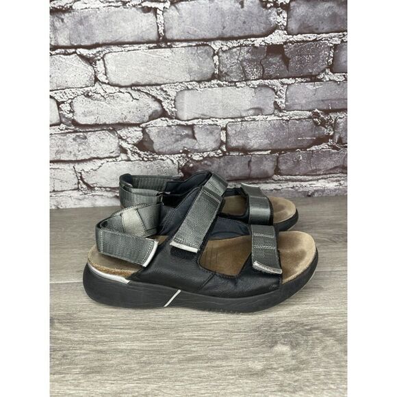 Naot Black Leather Gray Textile Wedge Ankle Strap Sandals Women Sz 38EU/7.5M US - Picture 2 of 16